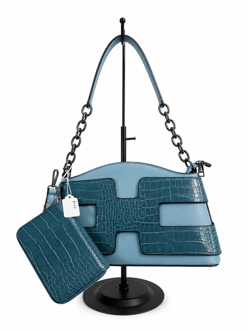 Teal Croc-Embossed Shoulder Bag with Matching Wristlet